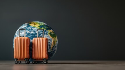 Pair of suitcases and globe with two airplanes in flight representing travel and adventure concepts