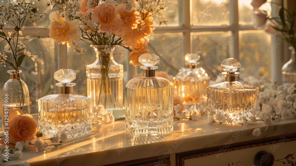 Poster vintage perfume bottles in various shapes are artfully arranged on a sunlit table. fresh flowers in 