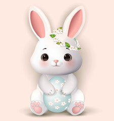 Cute bunny in a wreath with an easter egg