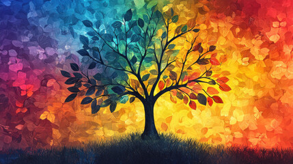 vibrant illustration of tree with colorful leaves, set against gradient background, showcasing spectrum of hues from blue to red. scene is lively and artistic