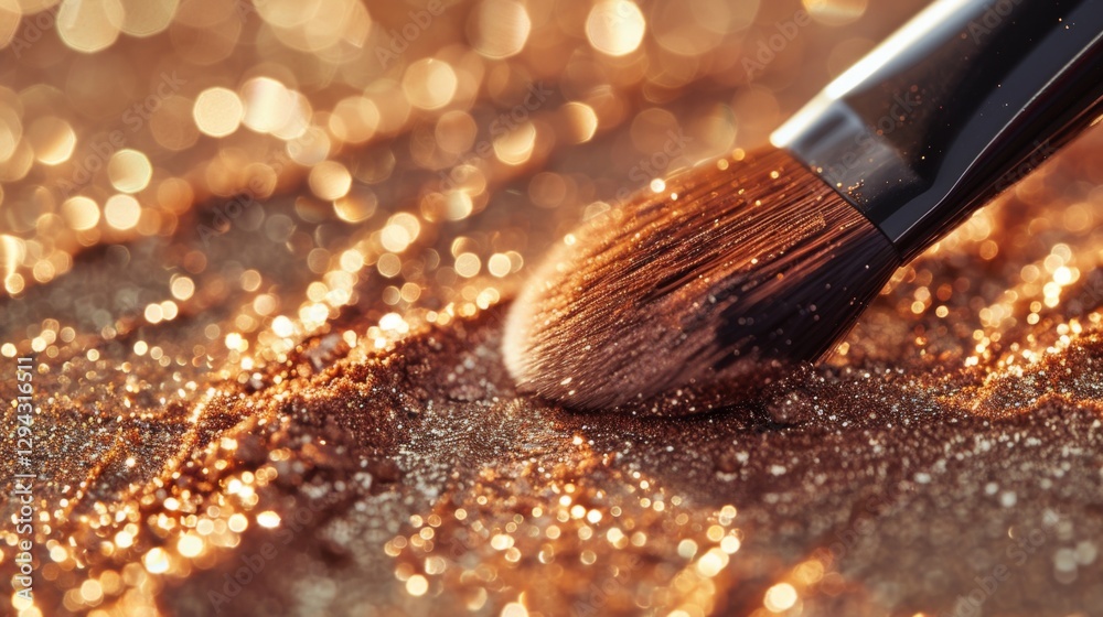 Poster a makeup brush gently applies a shimmering golden powder onto a textured surface, while a soft bokeh