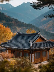 Fototapeta premium A Traditional Korean Building in a Mountainside Landscape