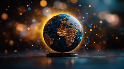 Globe illuminated with lights against a blue and yellow background showing world map details and geography