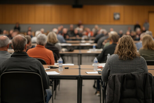 Attendees at a conference or meeting, seen from behind. Tables with water bottles and papers are in neat rows, the room filled with people.