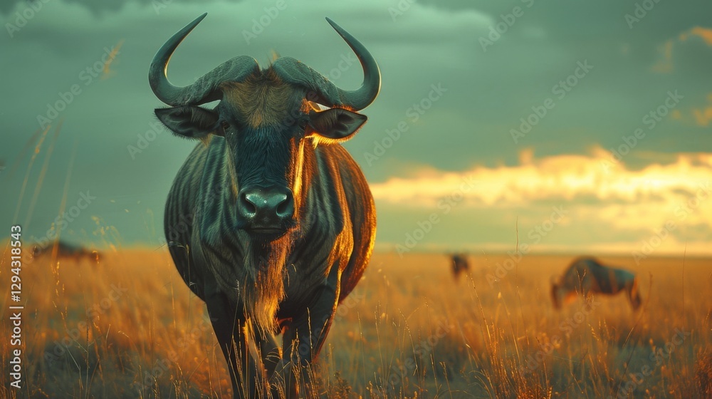 Aufkleber a wildebeest gazes directly at the viewer while standing in a tall grass field as a stunning sunset 