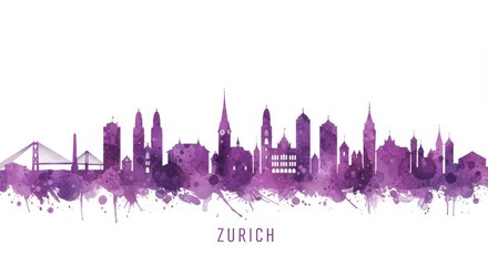 Obraz premium Purple watercolor zurich skyline silhouette with landmarks on white background