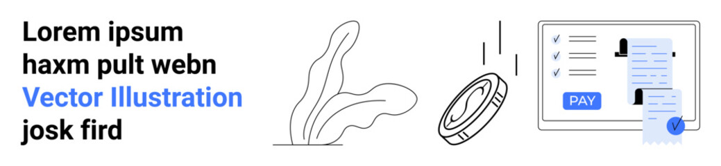 Digital payment receipt beside falling coin and leafy abstract elements. Ideal for fintech, online payment, e-commerce, invoicing, finance apps, digital economy, abstract line flat metaphor