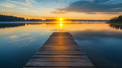 Fototapeta premium A sunrise over a tranquil lake with a wooden pier evokes peace and serenity.
