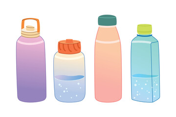 Colorful Reusable Water Bottles Collection. Hand drawn eco-friendly hydration concept in modern flat vector illustration style.