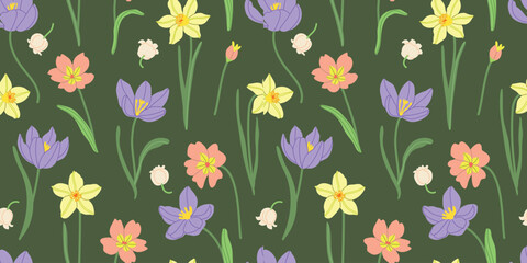 Spring meadow flowers vector illustration seamless pattern. Modern hand drawn crocus, tulips, snowdrops, daffodils and camomile clip art background for books, stationery, banners and social media
