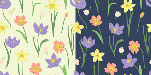 Spring meadow flowers vector illustration seamless pattern. Modern hand drawn crocus, tulips, snowdrops, daffodils and camomile clip art background for books, stationery, banners and social media