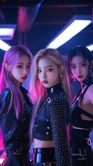 Fierce kpop idols in cyberpunk style on a neon stage