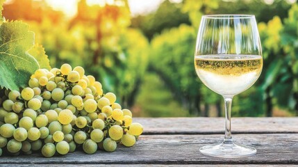 Fresh White Wine Glass Beside Green Grapes in Vineyard Setting
