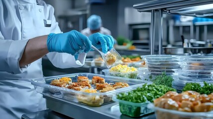 Close up view of a food inspector meticulously examining prepared dishes in a professional kitchen setting