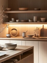 Obraz premium Contemporary kitchen displays wooden vessels on shelves and tabletop