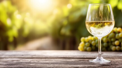 Glass of White Wine on Wooden Table in a Vineyard Setting