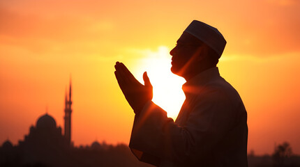 Fototapeta premium Spiritual Muslim Prayer Silhouette with Sunset Background