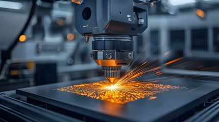 Close up view of a powerful industrial laser cutter engraving a metal surface