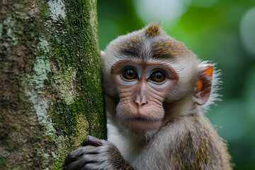 baby monkey climbs on a tree in the natural forest. closeup of a cut brown monkey