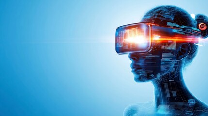 Woman Wearing VR Headset in Digital World, Futuristic Blue Background