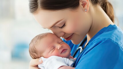 Tender Moment Between Nurse and Newborn in Busy Hospital Setting