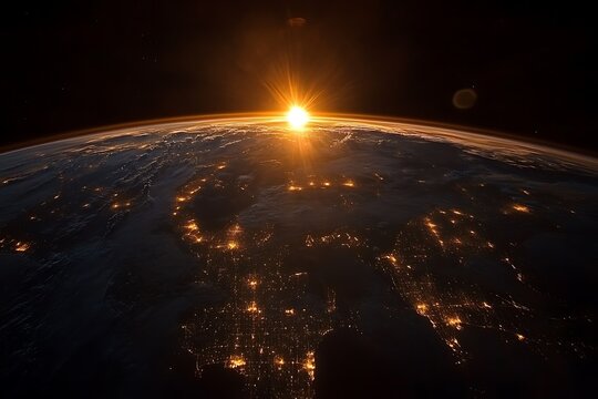 The earth rising above the horizon with a shining sun