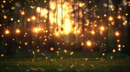 Twinkling string lights hanging in the grass creating a beautiful outdoor ambiance at night