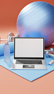 Laptop with fitness equipment including yoga mat, dumbbells, barbell, and water bottle on orange background, 3D rendered illustration