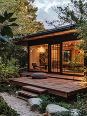 Obraz premium Modern cottage cabin with a wooden deck in a forest