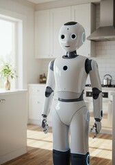 Friendly humanoid robot in a modern home kitchen with natural light and smart technology