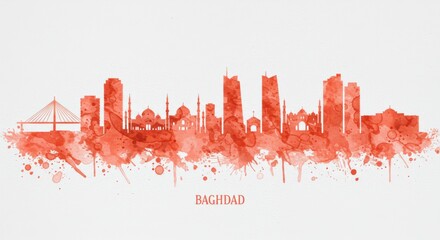 Fototapeta premium Baghdad skyline: artistic watercolor silhouette featuring iconic landmarks