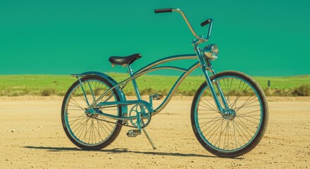 Fototapeta premium Vintage blue bicycle on sunny desert landscape with clear sky background
