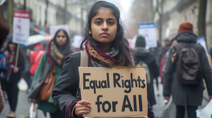 Young woman holding an "Equal Rights for All" sign at protest.