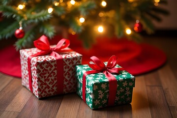 Festive Christmas Presents Wrapped in Red and Green Gift Wrap on Wooden Floor