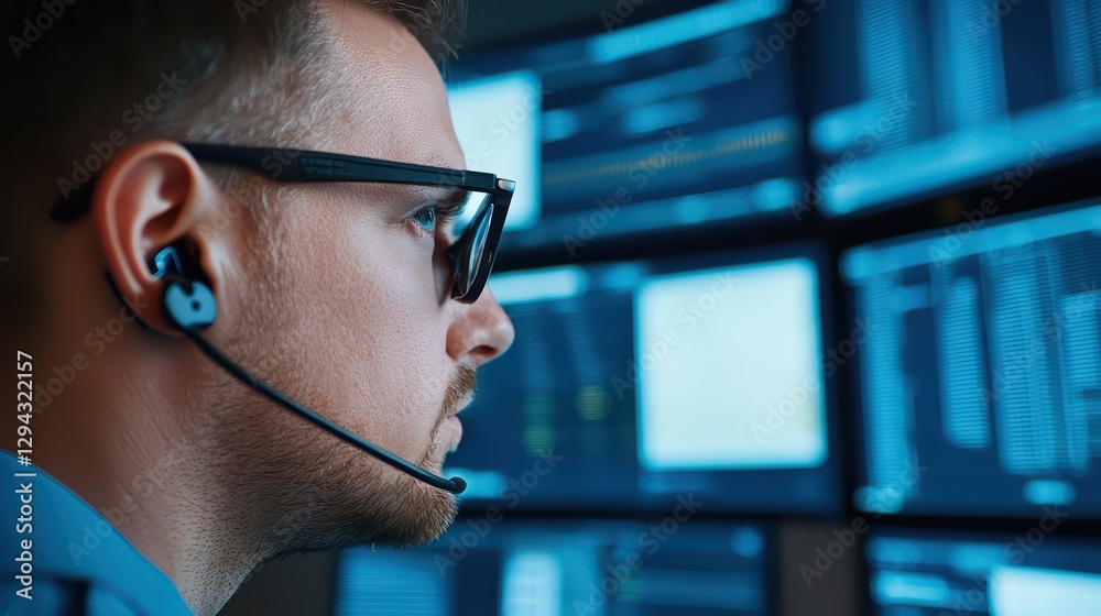 Poster programmer concentrating on multiple screens in a chaotic environment