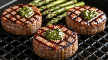 Sizzling plant based steaks with grilled asparagus, garnished with herb sauce, create delicious and healthy meal. Perfect for plant based diets and grilling enthusiasts