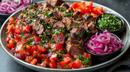 Grilled beef skewers with tomato and onion salad on a platter