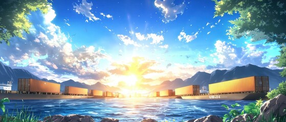 Picturesque lakeside landscape with a tranquil body of water reflecting the vibrant colors of the sky at sunset  Majestic mountains rise in the distance