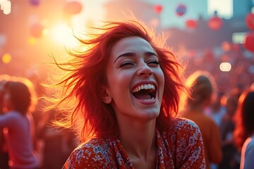 Naklejka premium Joyful Woman Laughing at Outdoor Music Festival