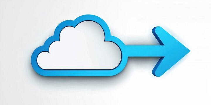 Cloud computing technology with data network. Blue cloud icon with an arrow pointing right, symbolizing data transfer or cloud computing.