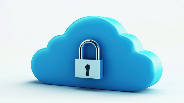 Cloud computing technology with data network. Blue cloud with a padlock symbolizing cloud security and data protection.