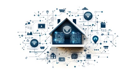 Obraz premium Cutting Edge Digital Nomad Smart Home Blueprint Showcasing AI Powered Workspace Automated Energy Saving Systems and Tech Advanced Minimalist Design