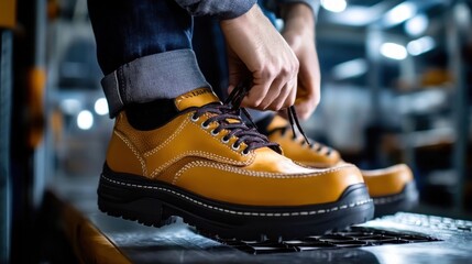 Factory worker tying laces on yellow work boots