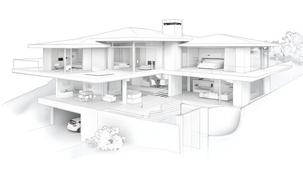 Fototapeta premium Cutting Edge Modular Smart Home with Expandable Rooms Self Sustaining Energy Sources and Advanced Security Systems in 45 Degree Perspective
