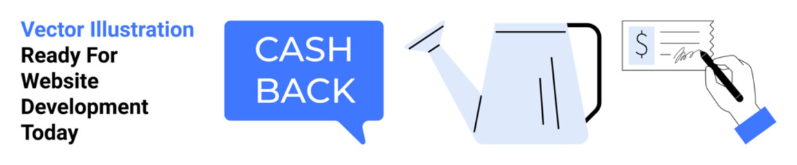Cashback speech bubble, hand writing on a check, and kettle symbolizing savings. Ideal for finance, banking, money management, investment, budgeting, financial literacy flat landing page banner