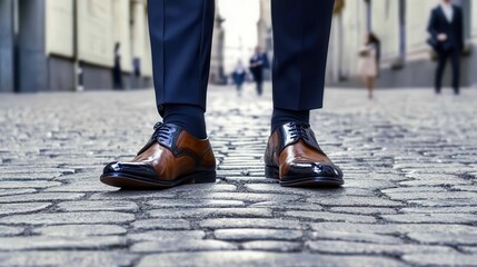 Businessman standing on cobblestone street wearing elegant shoes