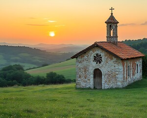 Fototapeta premium Hilltop Chapel Sunset Landscape