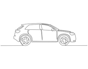 Continuous line drawing of car in side view. Single line illustration of modern city car. Transportation, modern vehicle outline. Editable outline