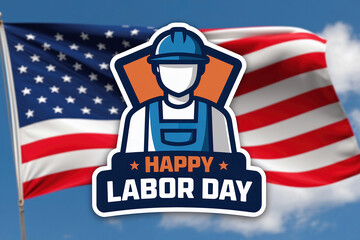 A 3D render of a worker logo with the text "Happy Labor Day". There is a US flag behind the worker. The background is a blue sky with white clouds.