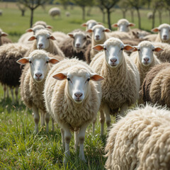 Fototapeta premium Flock of Sheep Grazing on Green Pasture in Rural Landscape